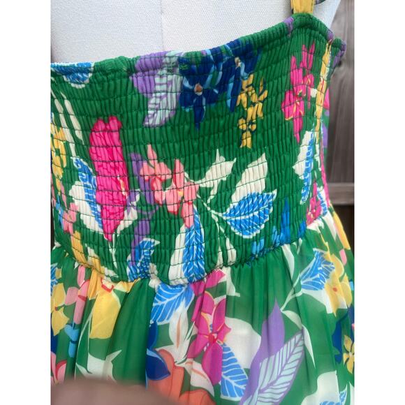 Green Floral Chiffon Sleeveless Ruffle Maxi Dress Feminine cottage core Sz L - Picture 6 of 14